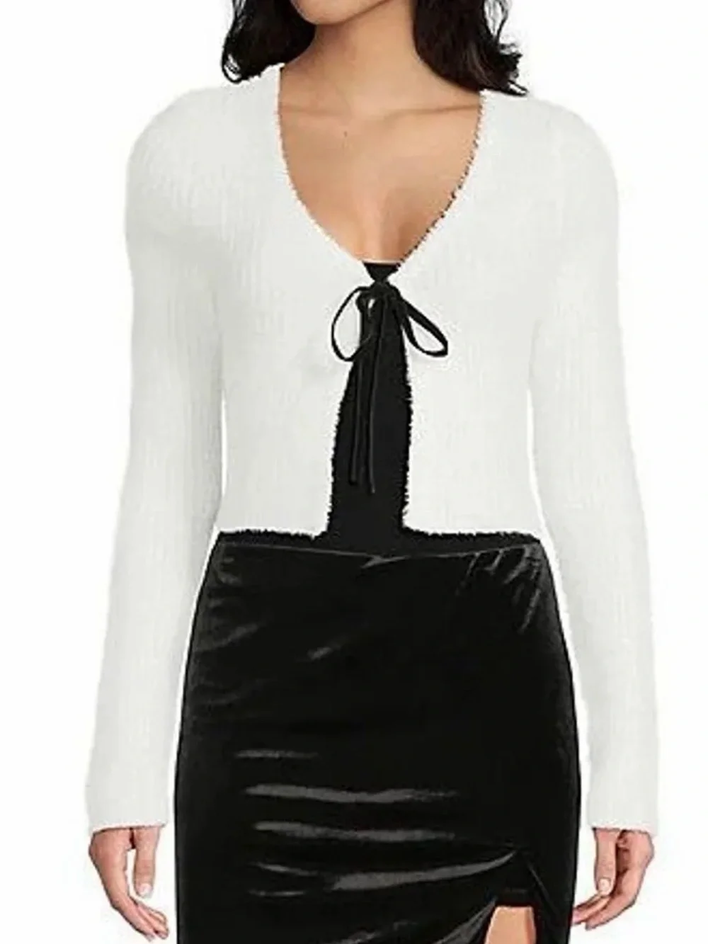 White GB Velvet Tie Front Cardigan Sweater in Ivory